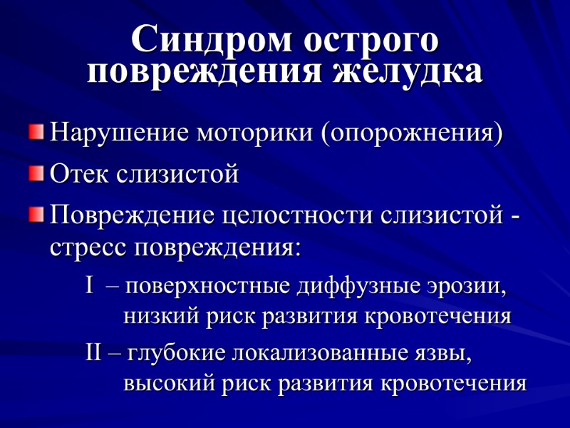 Синдром острого повреждения желудка Нарушение моторики (опорожнения) Отек слизистой  Повреждение целостности слизистой -